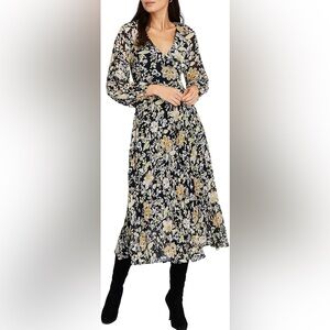 Club Monaco Black Floral Long Sleeve Open Back Dress